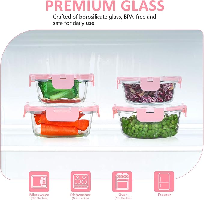 24 Pieces Glass Food Storage Containers Set, Pink | Meal Prep Containers, BPA-Free, Airtight Glass Storage Containers with lids,Freezer, Microwave and Oven Safe