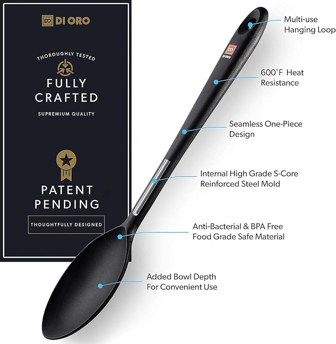DI ORO Cooking Spoon - Solid Silicone 600F High Heat Nonstick Cookware Safe - Kitchen Spoon for Cooking & Baking - Large Serving & Mixing Utensil - Dishwasher Safe (Black)