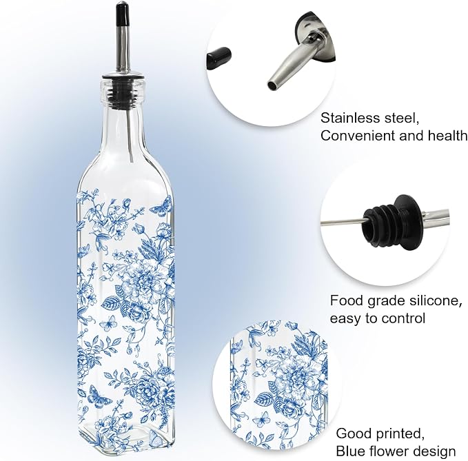 JarThenaAMCS Chinoiserie Olive Oil Dispenser Bottle Blue Floral Glass Cruet Bottle with Spout Cooking Vinegar Container for Home Kitchen Table Countertop Decor