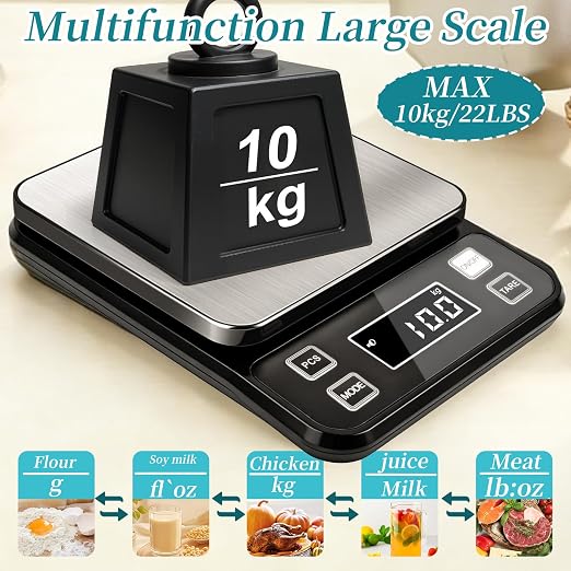 Digital Food Scale, 22lb Waterproof Kitchen Scale, 304 Stainless Steel Platform, Type-C Rechargeable & Backup Battery Mode, Gram Scale for Meal Prep, Coffee