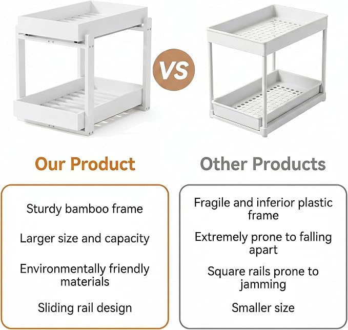 Bamboo Under Sink Organizer Adjustable Height 2 Tier Bathroom Organizer Pull Out Cabinet Storage Kitchen Heave Duty Wood Slide Ou Shelf for Kitchen Bathroom (Black, 2 Packs) (White, 2 Pack)