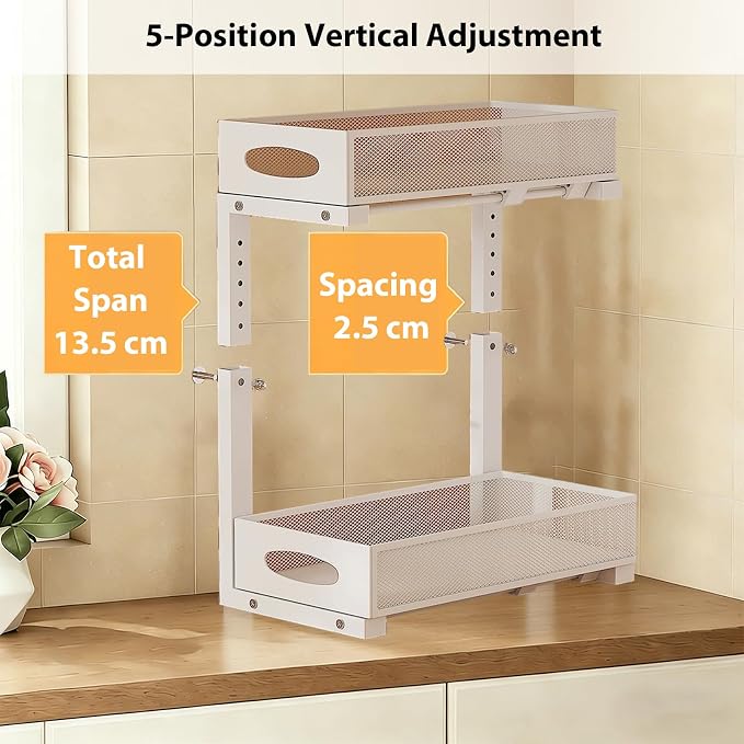 2 Pack Under Sink Organizer, 2-Tier Pull Out Kitchen Cabinet Organizer, Height Adjustable Metal Slide Out Bathroom Organizers and Storage Makeup Drawer Organizer for Office Bedroom(A-White, 2Pack)