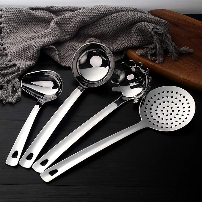 12 Pcs Cooking Utensil Set, Stainless Steel Silver Titanium Plated Cookware Sets with Public Fork/Spoon, Cake Shovels, Spatula, Ladles, Solid Spoon, Slotted Spoon, Pasta Server, Kitchen Tool Gadget