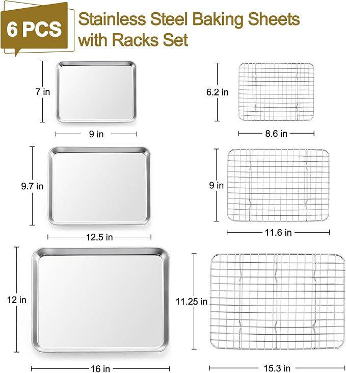 TeamFar Baking Sheet with Rack, Stainless Steel Sheet Pan-16/12.5/9 Inch | Cookie Sheets Baking Trays and Cooling Racks for Cooking, Non-Toxic & Heavy Duty, Dishwasher Safe, 6 PCS (3 Pans + 3 Racks)