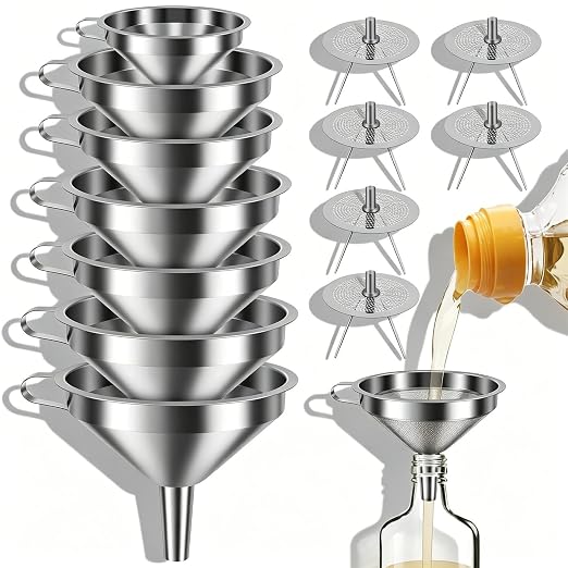 14 Pack Stainless Steel Funnels with 6 Fine Mesh Strainers, 4 Sizes 2.2-5.9 Inches Food Grade 304 Metal Kitchen Funnel Set for Filling Bottles, Oil, Jam, Juice, Wine, Milk, Powder, Canning