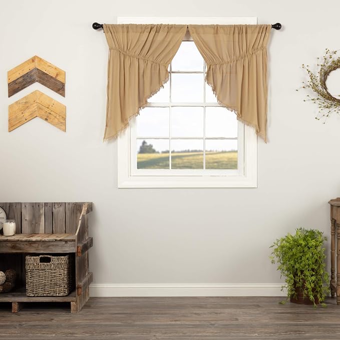 VHC Brands Primitive Farmhouse Kitchen Window Curtains-Tobacco Cloth Tan Fringed Prairie Swag Pair, x King, Khaki