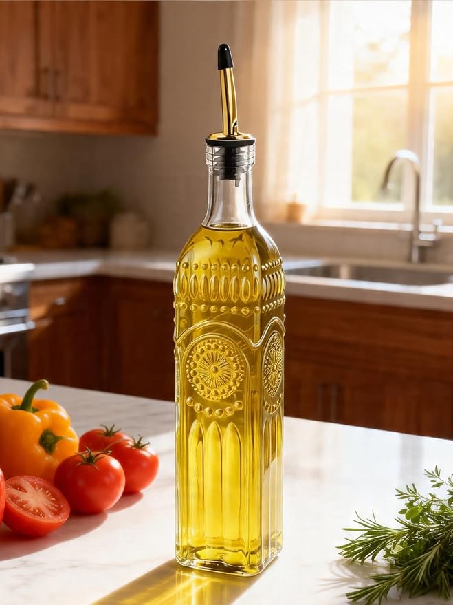 1 Pcs Olive Oil Dispenser Bottle for Kitchen,17oz Clear Glass Cooking Oil and Vinegar Dispenser Set, Coffee Syrup Dispenser with 1 Pourers and 1 Funnel (One square)
