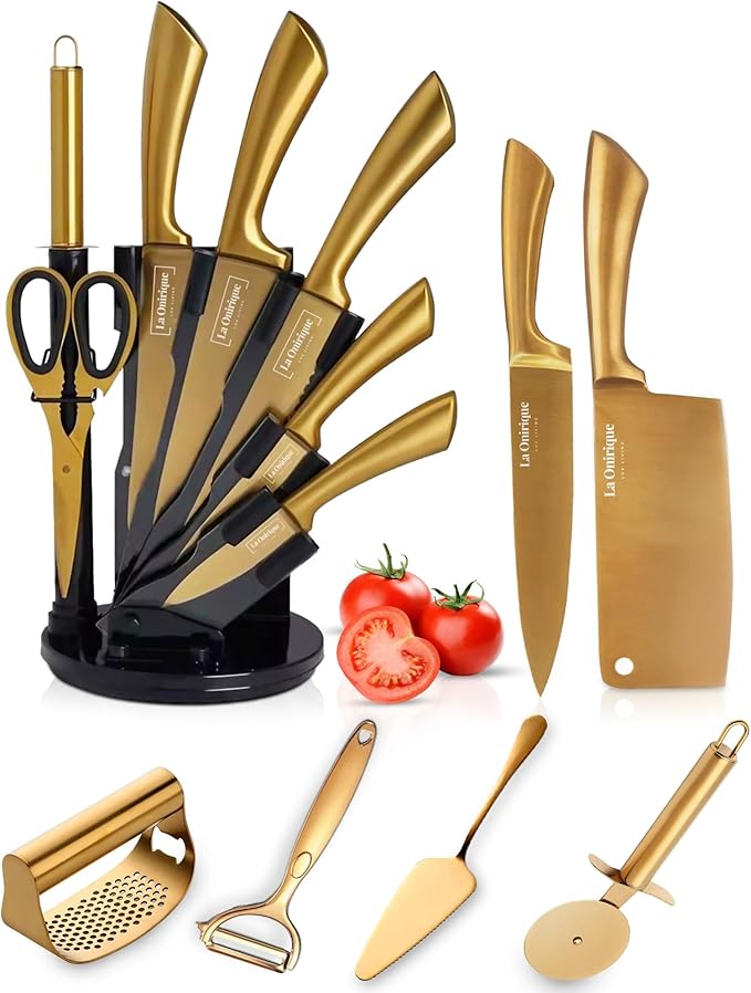 13-Piece Black & Gold Kitchen Knife Set with Block, Rod Sharpener, Garlic Press, Bottle Opener, Pizza Cutter Wheel, Y Peeler & Pie Server – Super Sharp Titanium-Coated Knives Set
