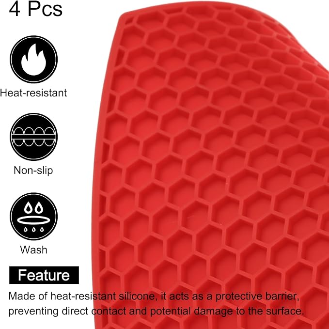 uxcell 4pcs Silicone Trivet Mats Heat Resistant Silicone Pot Holders for Hot Pots and Pans, Non-Slip Hot Pads for Kitchen Hot Dishes Table Countertops, Red(Hexagonal)