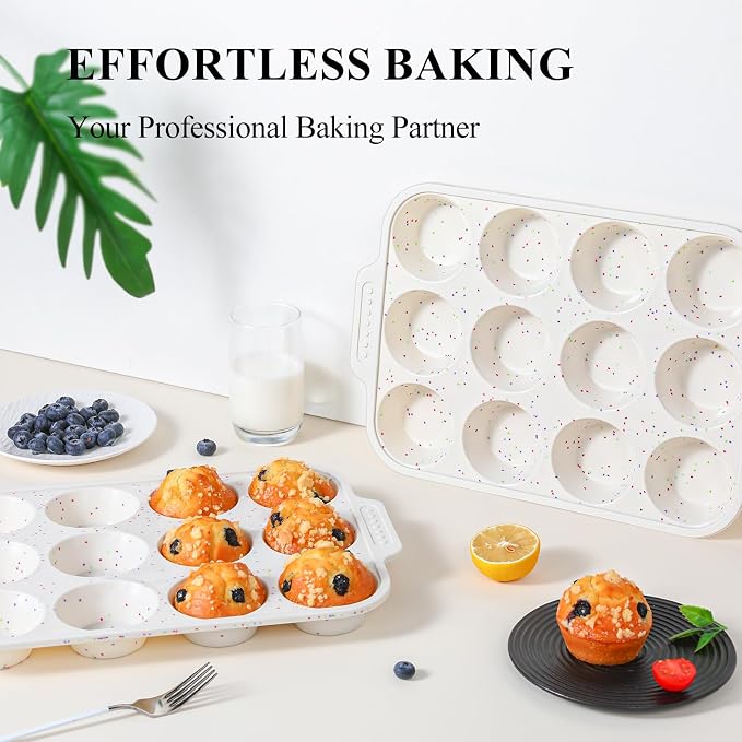 Vinino Silicone Muffin Pan with Reinforced Frame, Nonstick Cupcake Pan | Regular Size Silicone Muffin Pan for Baking with Non-Slip Handle, Muffin Tray for Oven, BPA Free, Dishwasher Safe-Cream