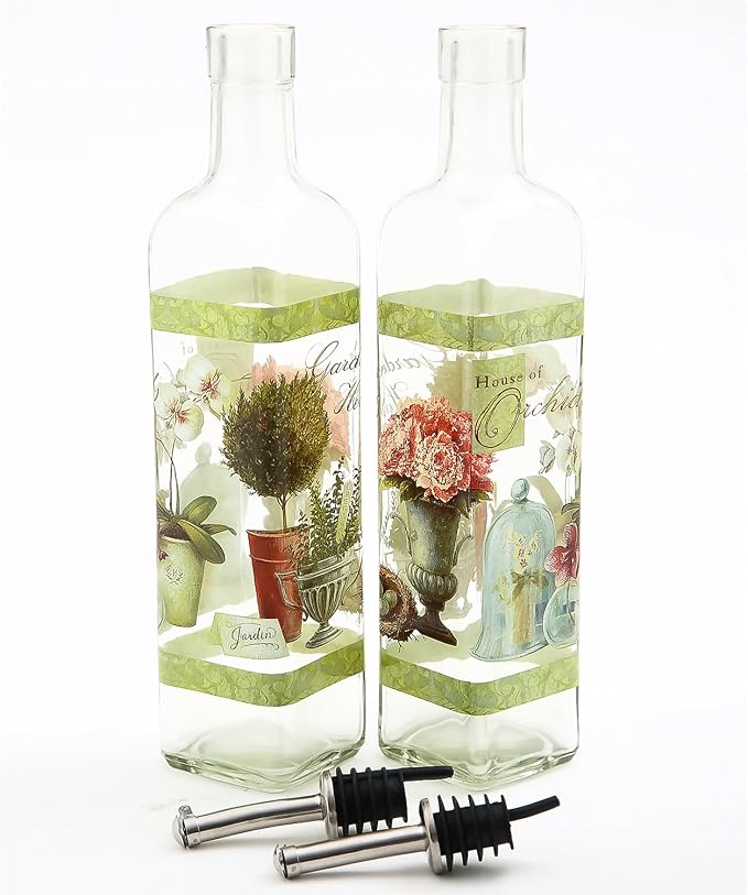 CEDAR HOME Olive Oil Bottle Set Glass Dispenser Vinegar Cruet 17oz. with Stainless Steel Leak Proof Pourer Spout for Cooking or Salad Dressing, 2 Pack, Green