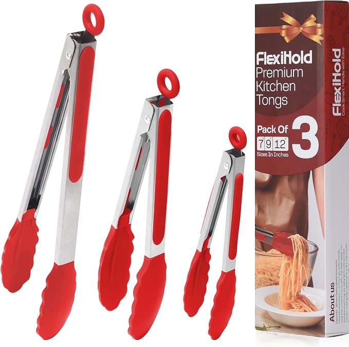 Pack of 3 Stainless Steel Kitchen Tongs with Silicone Tips – Non-Stick Cooking, Grilling & BBQ Tongs for Serving, Dishwasher Safe, 7", 9" & 12" (Pack of 3 Red)