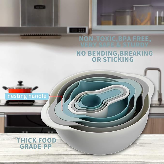 Plastic Mixing Bowls, Multicolored, Set of 8, Rv Camping Accessories | Nest for Easy Storage, Inculding Measuring Cups, Colander, Sifter, Large Bowl, Great for Cooking and Baking, No BPA