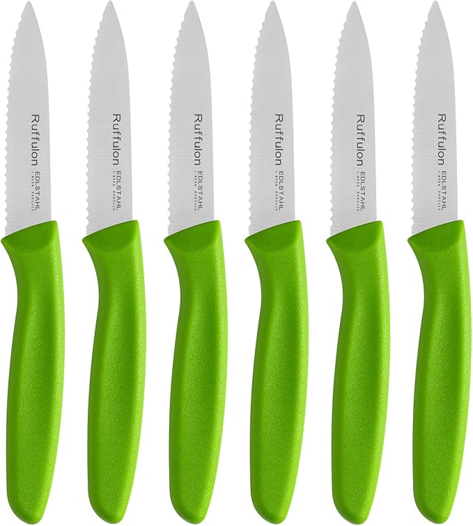 Stainless Steel Paring Knife With Serrated Blade, 6 Pieces Set Vegetable and Fruit Knife, Ultra Sharp Small Kitchen Knife,Green Paring Knives with PP Plastic Ergonomic Handle.