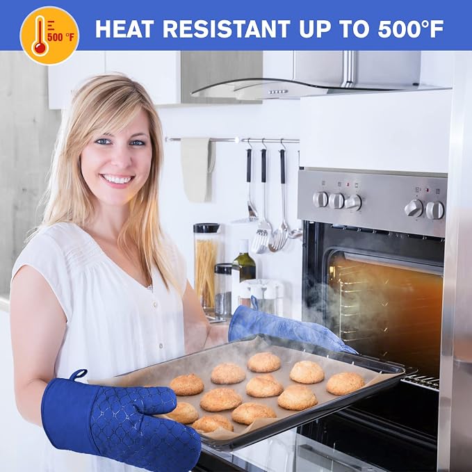 6 Pcs Oven Mitts and Pot Holders, 500℉ Heat Resistant Oven Mitts with Kitchen Towels Soft Cotton Lining and Non-Slip Silicone Surface Safe for Baking, Cooking, BBQ (Blue)