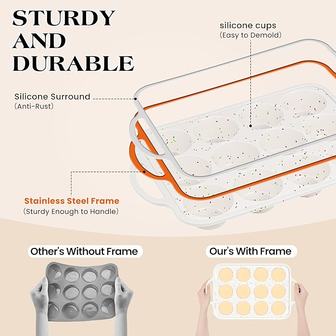 Jumbo Muffin Pan with Metal Frame Nonstick 6 Cup Extra Large Silicone Cupcake Pan for Baking, Deep Jumbo Muffin Tray for Egg Bites Muffins, Confetti Color Cream Gifts for Mom Home Baker（1 Pc）
