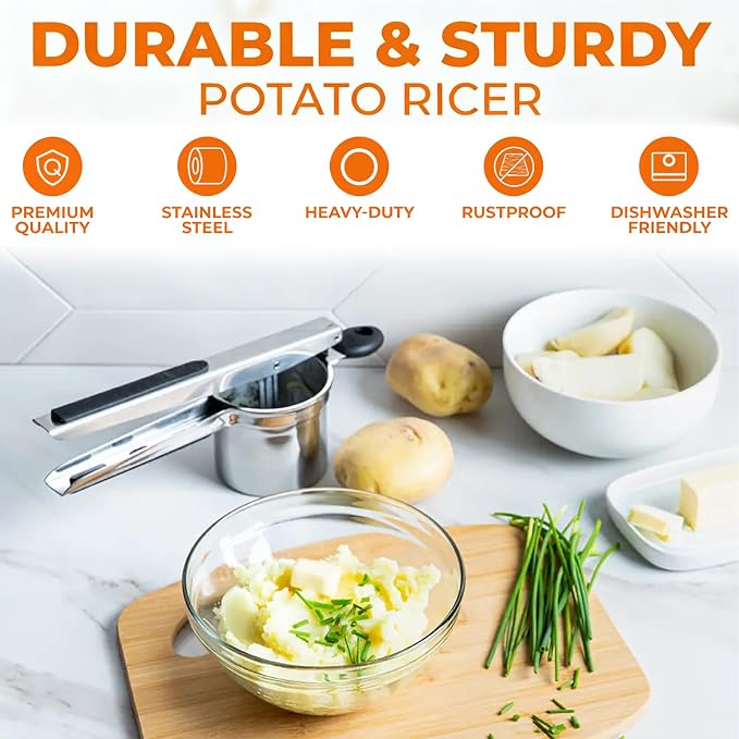 Potato Ricer Stainless Steel, 15 oz Heavy Duty Potato Masher with 4 Interchangeable Discs, Large Capacity Smooth Mashed Potatoes Press, Easy to Clean Kitchen Tool