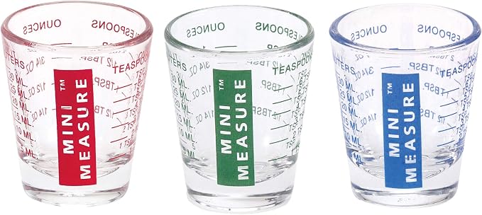 Kolder Mini Measure Heavy Glass, 20-Incremental Measurements Multi-Purpose Liquid and Dry Measuring Shot Glass, Red, Blue and Green, Set of 3