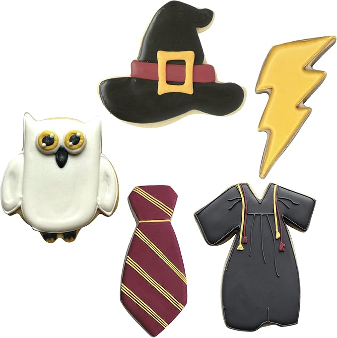 Ann Clark Witchcraft and Wizardry Cookie Cutters 5-Pc. Set (Owl, Lightning Bolt, Witch's Hat, Robe, and Scarf) Made in USA