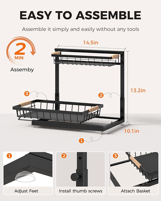 3-Pack 2-Tier Height Adjustable Under Sink Organizer, Black | Multi-purpose metal storage shelf with sliding shelves for kitchen, bathroom, pantry & laundry cabinet