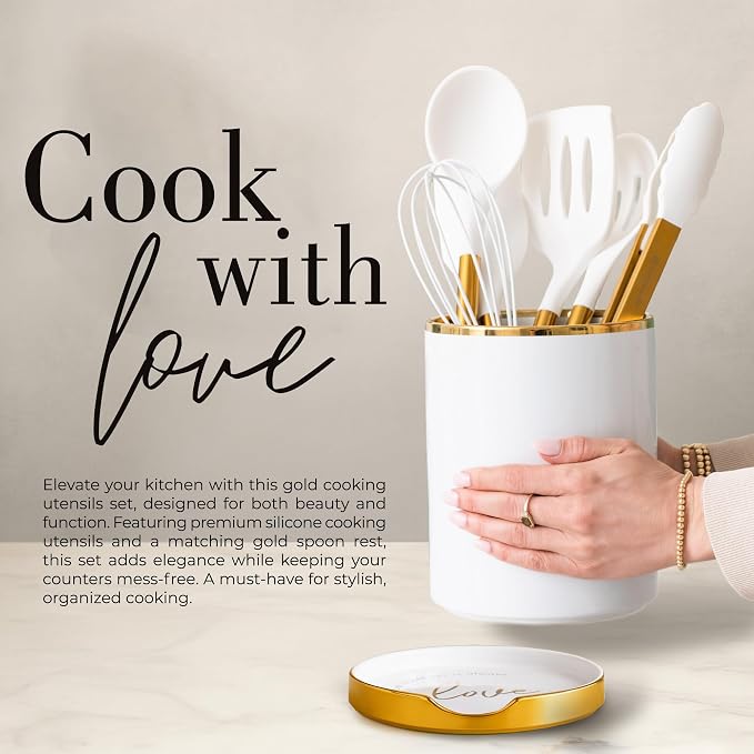 8 Piece White and Gold Kitchen Utensils – White Silicone Cooking Utensils Set, Ceramic Utensil Holder & Stackable Gold Spoon Rest –Nonstick, Non-Toxic, Heat Resistant, Luxury Kitchen Accessories