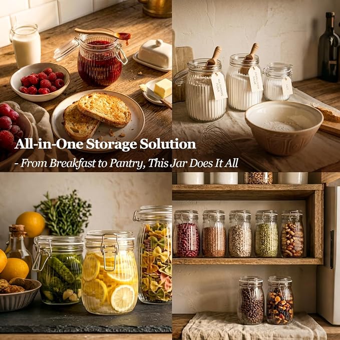 ComSaf Ribbed Glass Mason Jars with Airtight Lids 25 oz 6 Pack Coffee | Flour sugar coffee beans, Fermenting pickling, Farmhouse pantry decor, Kitchen storage, Dry food storage, Sourdough starter