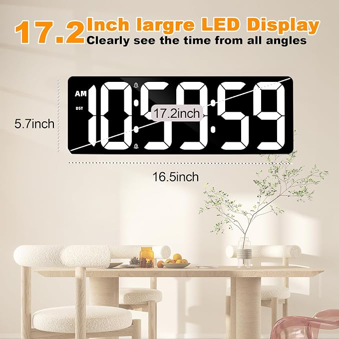 TXL 17.2" Large Digital Timer Clock, Countdown Timer for Classroom Home Gym Kitchen Office, LED Wall Clock with Remote Control, 4 Dimmable Brightness, 12/24H, Auto DST(White)