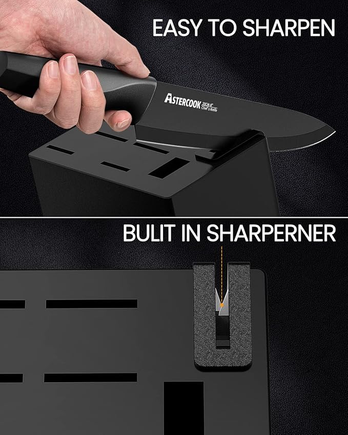 Astercook Knife Set, Kitchen Knife Set with Built-in Sharpener Block, Dishwasher Safe, 15 Pieces German Stainless Steel Knife Block Set, Black Perfect Kitchen Fathers Day Gift for Men