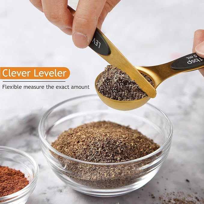 Magnetic Measuring Spoons Set of 8 with Leveler Stainless Steel Dual Sided Teaspoon and Tablespoon Stackable Fits in Most Kitchen Spice Jar