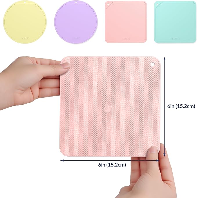 NiHome Jar Opener Gripper Pads, 6in Silicone for Seniors, 4-Pack | Macaron Pastel Colors & Set Options, Palm-Textured with Hang Holes, Square and Round Shapes, Dishwasher Safe Coaster