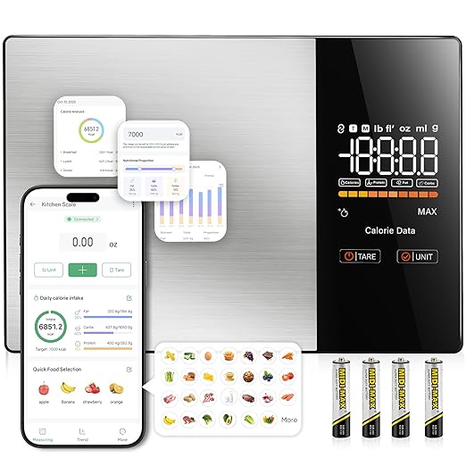 Smart Nutrition Food Scale with LED Display, Tracks Calories, Fat, Carbs & Protein via App, 1g Precision Digital Kitchen Scale for Healthy Eating & Meal Prep
