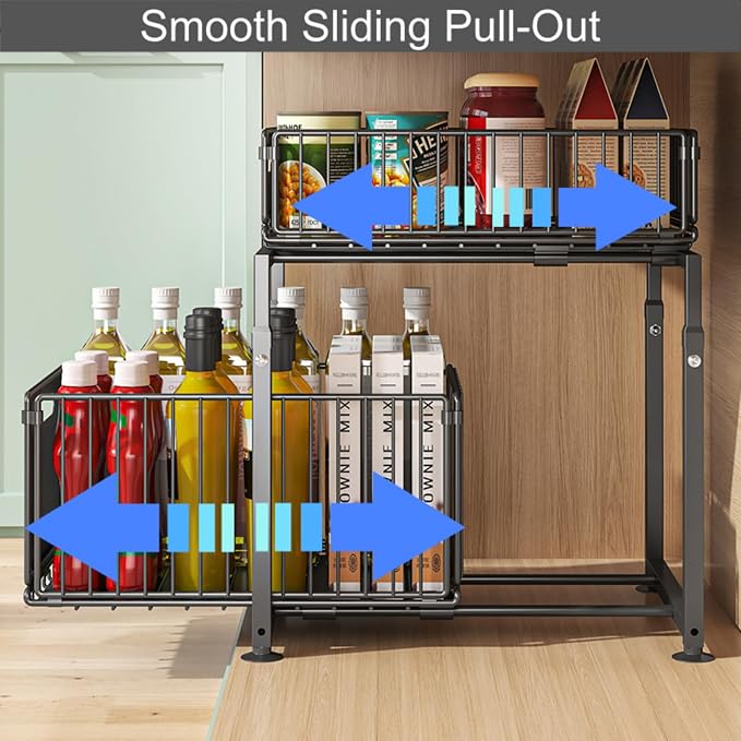 Under Sink Organizer, 2-Tier Multi-Use Kitchen and Bathroom Organizers and Storage, Slide Out Thickened Metal Under The Sink Organizer for Kitchen Bathroom Pantry (Style A Black, 2 Pack)