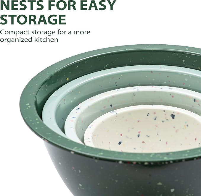 Confetti Melamine Mixing Bowls Set, 4 Piece Nesting BPA free Green | 4-Piece Kitchen Serving Bowls (18oz, 1.25QT, 2.5QT, 4QT) dishwasher safe, stackable and space-saving.