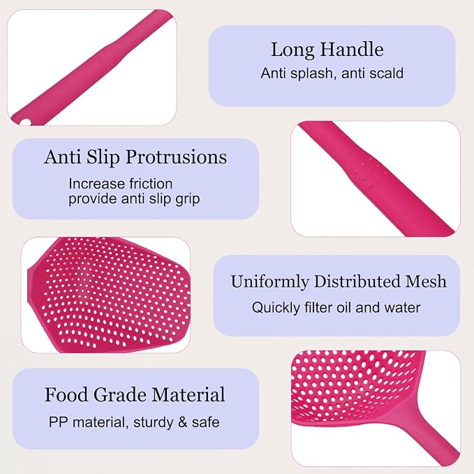 SEIWEI Large Strainer Spoon, Long Handle Tool Colander Draining Scoop, Heat-Resistant Pasta Strainer Cooking Kitchen for Spaghetti, Noodles, Veggies, Non-Slip Grip & Hanging Loop, 13.5'', Rose Red
