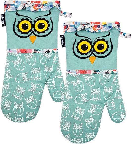 Alselo Oven Mitts, Heat Resistant with Soft Quilted Cotton Lining Set of 2, Fashion Animal Design with Silicone Printing Anti-Slip Kitchen Gloves for Safe Backing Cooking Barbecue (Green 2)