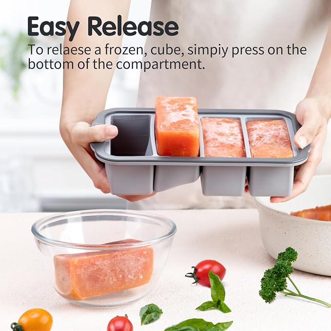 Extra Large Silicone Cube Freezing Trays with Lid - 1 Cup Portions, Makes Four Great Soup, Broth, Sauce or Butter Trays - 2 Pack, Grey
