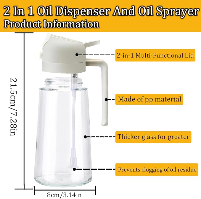 2PCS Oil Sprayer for Cooking, 2 in 1 Oil Dispenser and Oil Sprayer with Fine Mist Nozzle, Olive Oil Dispenser Bottle Spray and Pour,Oil Dispenser for Kitchen(Black and White,16 oz / 470 ml)