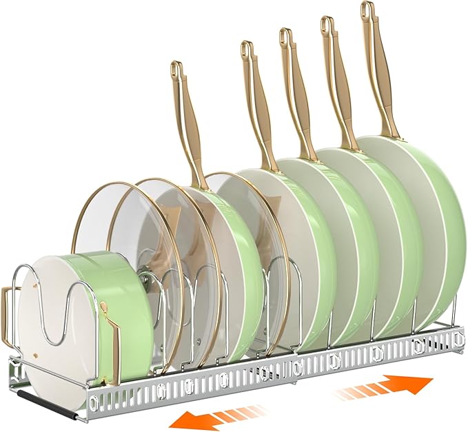 MUDEELA Expandable Pot Pan Lid Organizers inside Cabinet, 10 Divider-Silver | Expandable 11.8–22.9", 10 Adjustable Divider, Tool-Free Assembly, Non-Slip, Scratch-Proof, For Pan Lid Cutting Board Bakeware