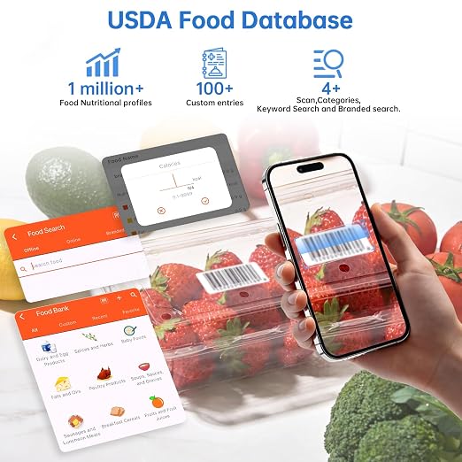 Smart Kitchen Food Scale, Nutrition App Tracks Calorie & Macros, 10kg/22lb | Powered by USDA Database; 30+ Nutrients in App; 12 Stats On-Screen; Visual Progress Charts; Dedicated Coffee Mode