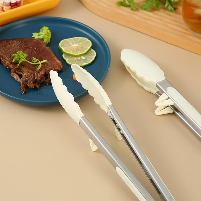 Silicone Kitchen Tongs, 3Pcs Tongs for Cooking with Silicone Tips, Food Grade Small Tongs, Mini Serving Tongs for BBQ Salad, White, 7"+9"+12"