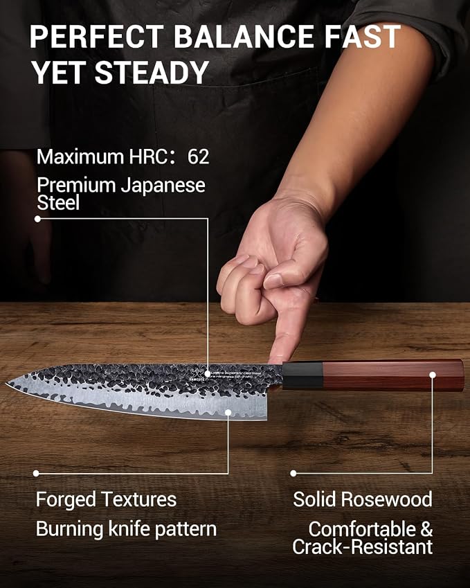 FAMCÜTE 8 Inch Japanese Knife, Hand Forged 5 Layers High Carbon 9CR18MOV Steel Rosewood Handle Chef Knife, Ultra Sharp Durable Professional Kitchen Knife, A Thoughtful Birthday Gifts for Men/Woman