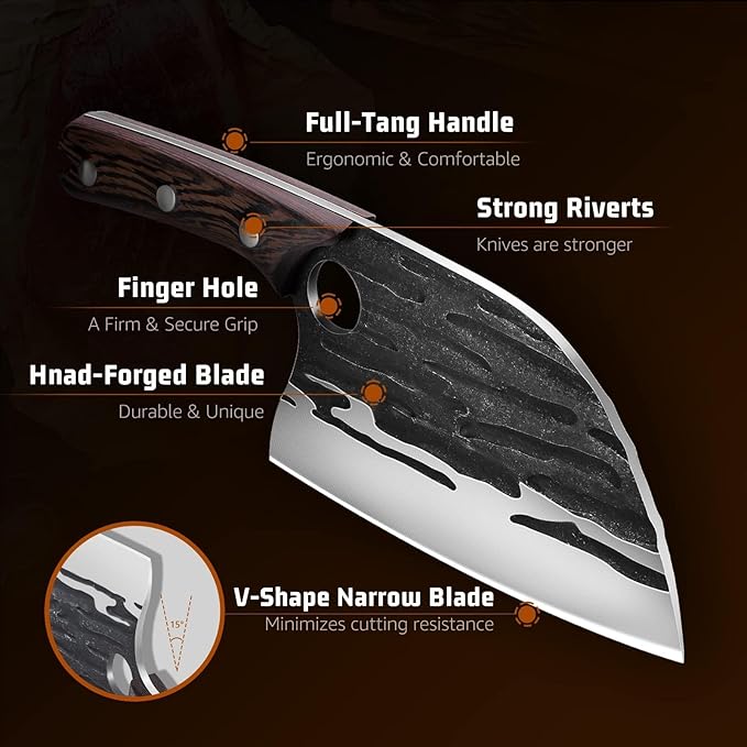 Huusk Upgraded Serbian Chef Knife-Japanese Meat Cleaver Knife for Meat Cutting Forged Butcher Knives with Sheath Full Tang Kitchen Chopping Knives for Home, Outdoor Camping, Gift for Men and Women