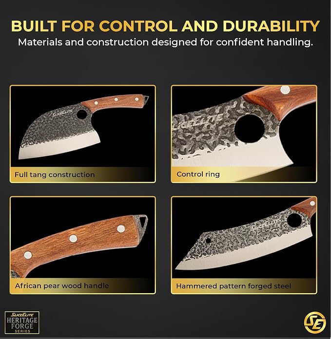 6PC Knife Set Leather Roll Cleaver Serbian Viking Boning Scimitar Kiritsuke | Butcher Knives • Kitchen Knife Set • Meat Cutting • BBQ • Carving • Slicing • Prep • Hammered Pattern Forged Steel Blades
