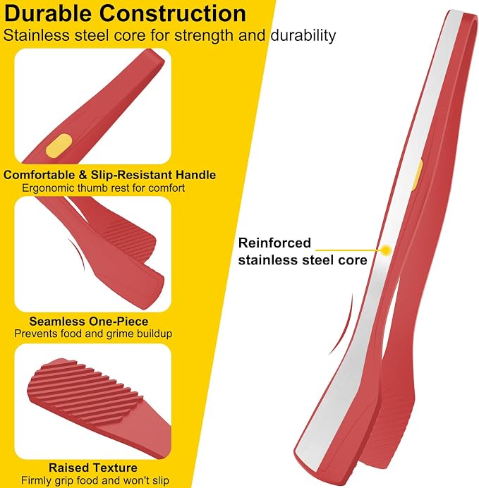 Beijiyi Kitchen Tongs for Cooking, 9" & 12" Set, Silicone Cooking Tongs with Silicone Tip for Nonstick Cookware, 600°F Heat Resistant, Stainless Steel Core, Great for Grilling and Serving Food (Red)