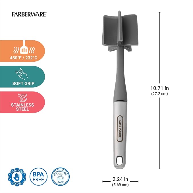 Farberware Pro Meat Masher and Potato Masher with Soft-Touch Handle, Ground Beef Chopper Tool, Heat-Resistant to 450F, Dishwasher Safe, Grey