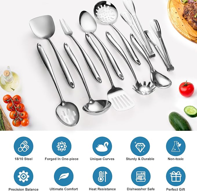 304 Stainless Steel Cooking Utensils Set for Kitchen Utensils Set with Holder, 12 PCS Large Metal Cooking Utensil Tools Set with Holder,Fork,Spatulas,Spoons,Skimmer,Ladle,Tong