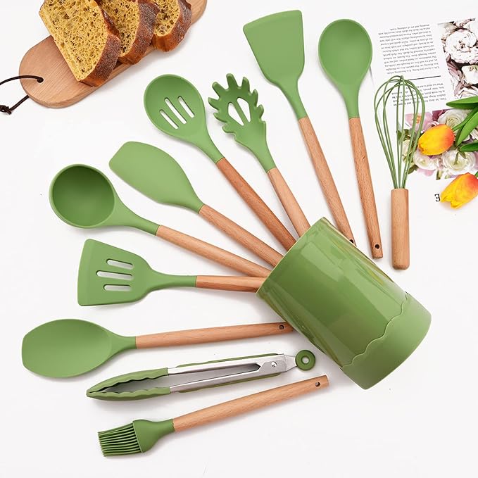 1pcs Avocado Green Silicone Cooking Utensils Heat Resistant Pasta Server with Natural Wood Handle for Pasta Noodle Spaghetti Strainer