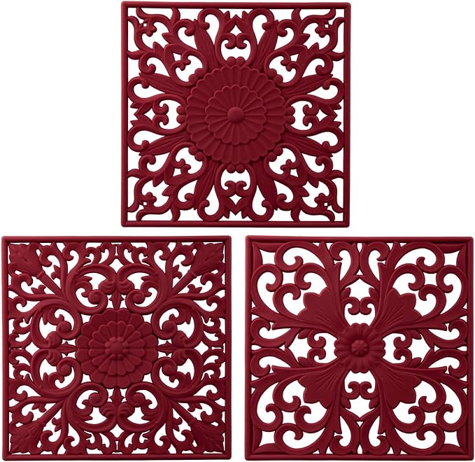 Silicone Trivets for Hot Dishes-Pots&Pans, Square Multi-Use Carved Trivet Mat, Insulated Silicone Mats, Flexible Trivet Mat for Countertop&Tabletop, Pot Holders Pads Set 3 Melort Red