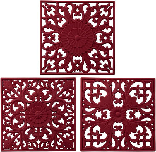 Silicone Trivets for Hot Dishes-Pots&Pans, Square Multi-Use Carved Trivet Mat, Insulated Silicone Mats, Flexible Trivet Mat for Countertop&Tabletop, Pot Holders Pads Set 3 Melort Red