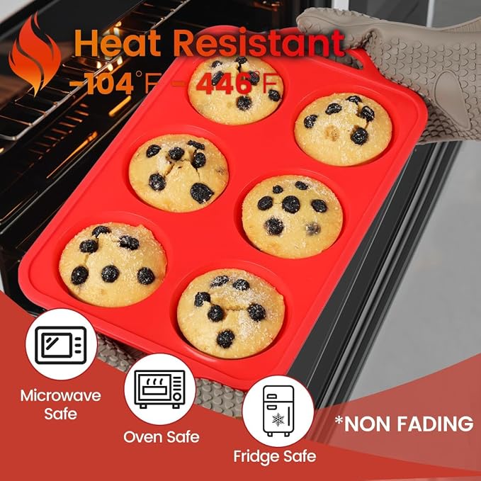 CAKETIME Jumbo Muffin Pan, 3.5 Inch Large Muffin Pan with Metal Reinforced Frame 6 Cup Silicone Jumbo Cupcake Pans for Baking Easy to Handle 2 Pack Red